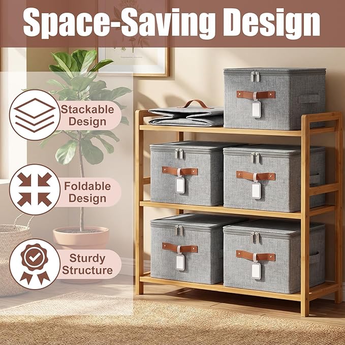 Fiwochic 6 Pack Fabric Storage Bins with Lids, 15x10x10Inch Foldable Cotton Linen Storage Boxes with PU Leather Handles and Label Holders for Closet, Bedroom, Shelf, Nursery, Gray
