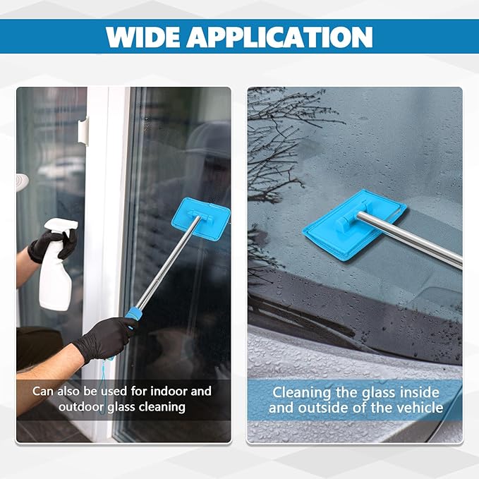 Car Windshield Cleaning Tool, Car Windshield Window Cleaner, Auto Glass Wiper Tool with Extendable Handle & Reusable Microfiber Pad, Universal Vehicle Cleaning Car Accessories (Sky Blue)