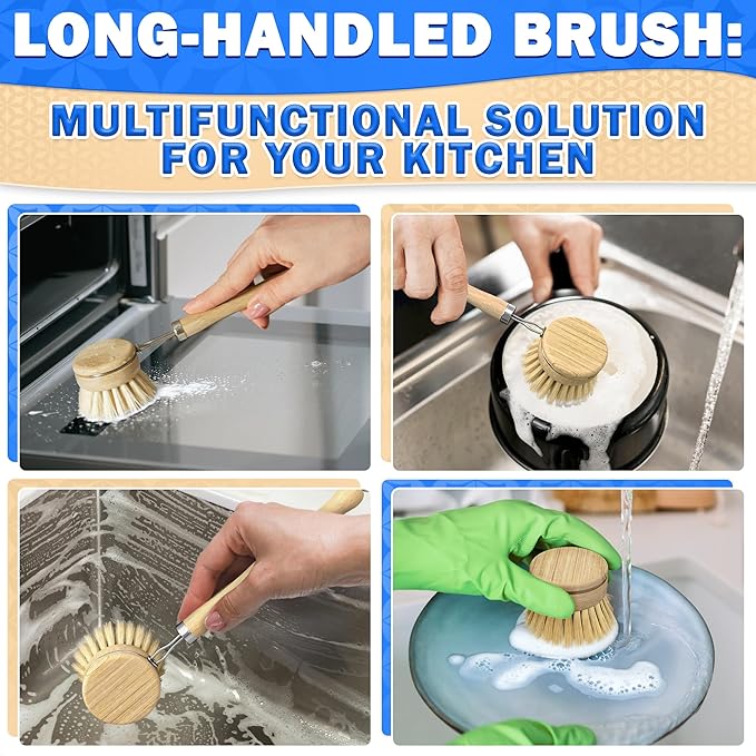 5 Pcs Bamboo Dish Brush Set – Bamboo Dish Scrubber with Soft & Stiff Non-Scratch Bristles, Ergonomic Handle, Replacement Head Included – Lightweight Kitchen Scrubber for Pots, Bottles & Vegetables