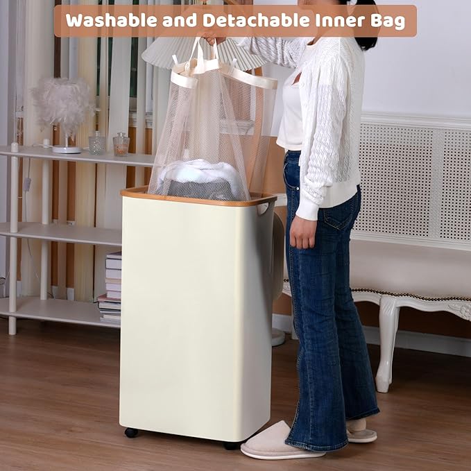 Laundry Basket with Wheels, 110L Clothes Hamper for Laundry, Laundry Hamper with Bamboo Lid and Inner Bag, for Laundry Room, Bedroom, Dormitory Storage,Pink