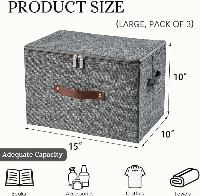 Storage Bins with Zipper Lid and PU Leather Handle 3 Pack Cotton Linen Fabric Lidded Storage Boxes Baskets Washable Collapsible Shelf Closet Organizer Container(Updated Gray, Large Size)