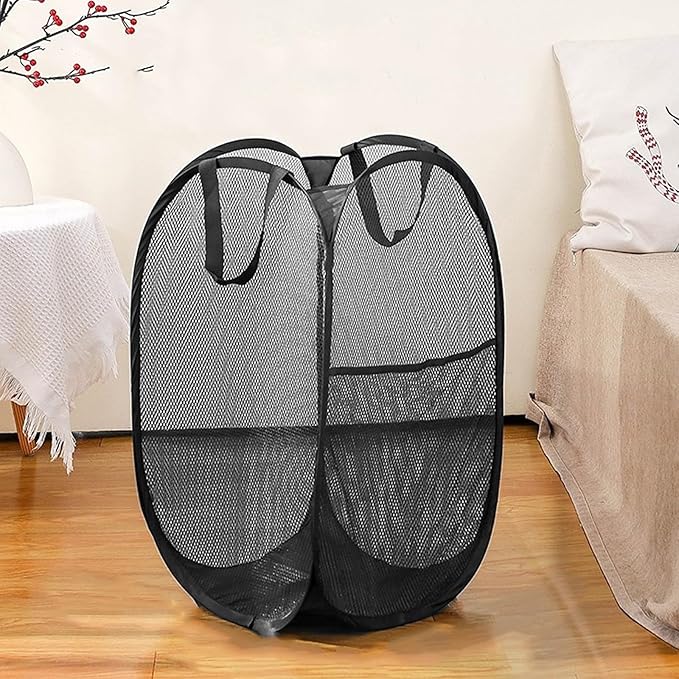 Pack of 2 Pop Up Mesh Laundry Hamper for Cruise, Collapsible Laundry Basket Space Saving, Large Side Pocket, Easy to Carry Handles