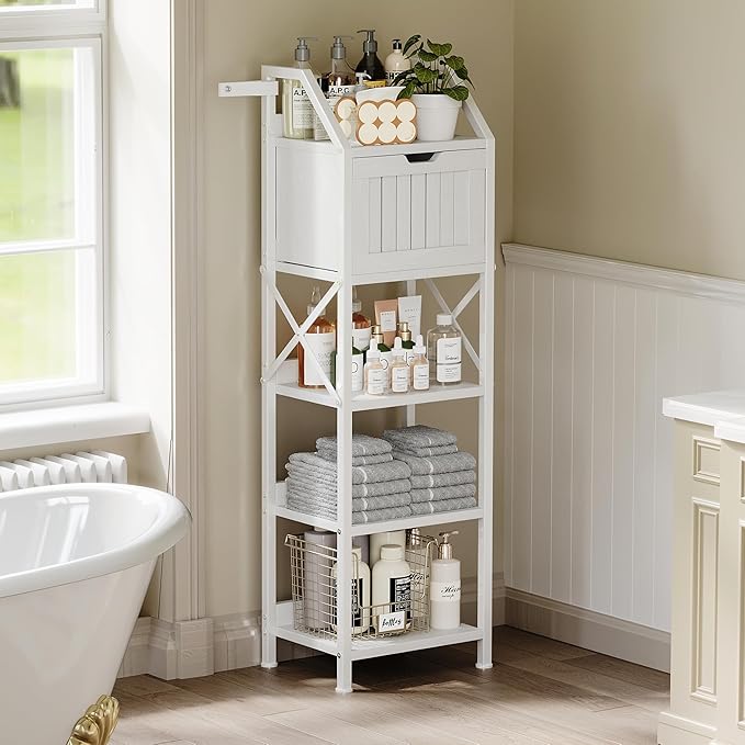 Homeiju Bathroom Floor Cabinet, 5-Tier Bathroom Storage Organizer Rack with Drawer, Multifunctional Corner Unit, 47.24 Inches in Height, White