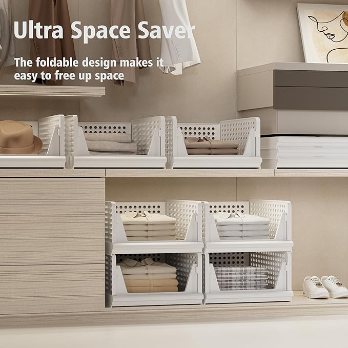 Proarea 4 Pack Stackable Plastic Storage Basket Closet Organizer Bin Foldable Clothes Organizer Storage Drawer Shelf Container for Living Room Bathroom Kitchen Office (2L+2S)