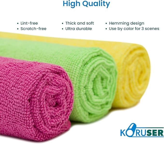 KORUSER Microfiber Cleaning Cloths - Reusable and Washable - Multi Purpose Indoor/Outdoor Cleaning/Dusting/Polishing on Kitchen/Bathroom/Auto Surfaces (12 Pack/High Grammage)
