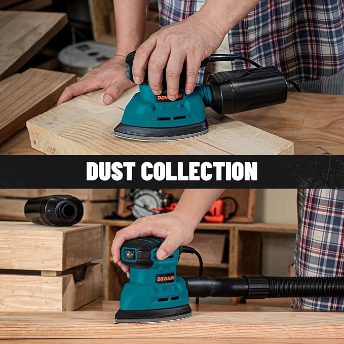 DOVAMAN DLS03A Detail Sander, 130W Palm Sander Tool, Dust Collection System, 12PCS Sandpaper, 12000RPM Compact Hand Tool for Wood Steel Surfaces
