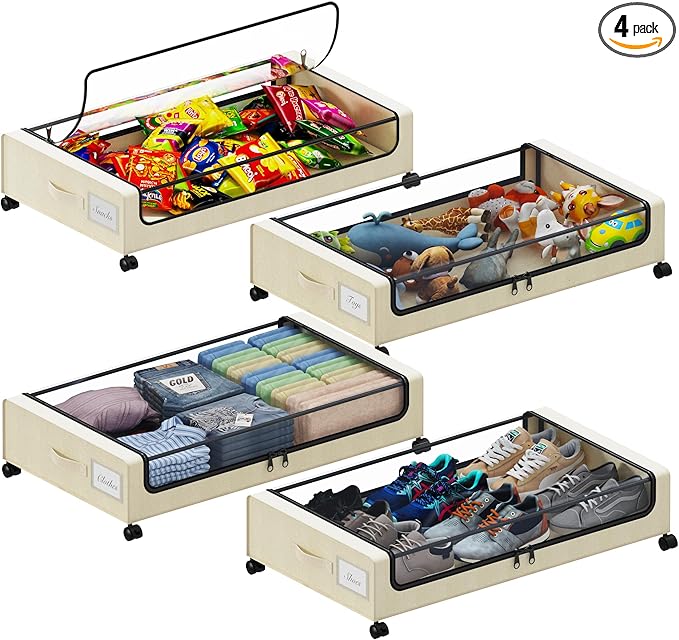 Under Bed Storage with Wheels, XXL 60L Under the Bed Storage Bins, Underbed Storage Containers with Lids & Label, Rolling Metal Drawer for Shoes, Clothes, Books, Toys (4-Pack Beige)