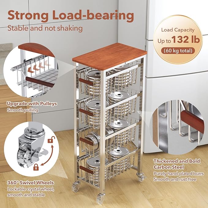 Ultra Slim 5-Tier Rolling Fruit & Vegetable Storage Cart with Removable Drawers, Narrow Metal Kitchen Organizer Cart on Wheels, Fruit Basket Stand & Fruteros para Cocina, Pantry Cart for Storage