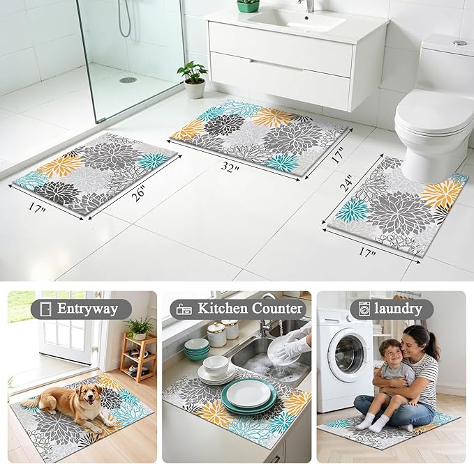 Vaukki Bathroom Rug Set 3 Piece, Non Slip Absorbent Rubber Backed Floral Bath Floor Mat Fit Under Door, Ultra Thin Quick Drying Bath Rug for Shower, Tub and Toilet, 17"x26"+17"x32"+17"x24"U, Grey