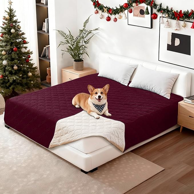 Waterproof Dog Bed Cover, Non-Slip Dog Blanket for Couch, Couch Covers for Dogs Washable, Pet Blanket for Furniture, Pet Bed Mat for Sofa, Car, Pet Supplies Christmas (68x82 Inch, Burgundy)