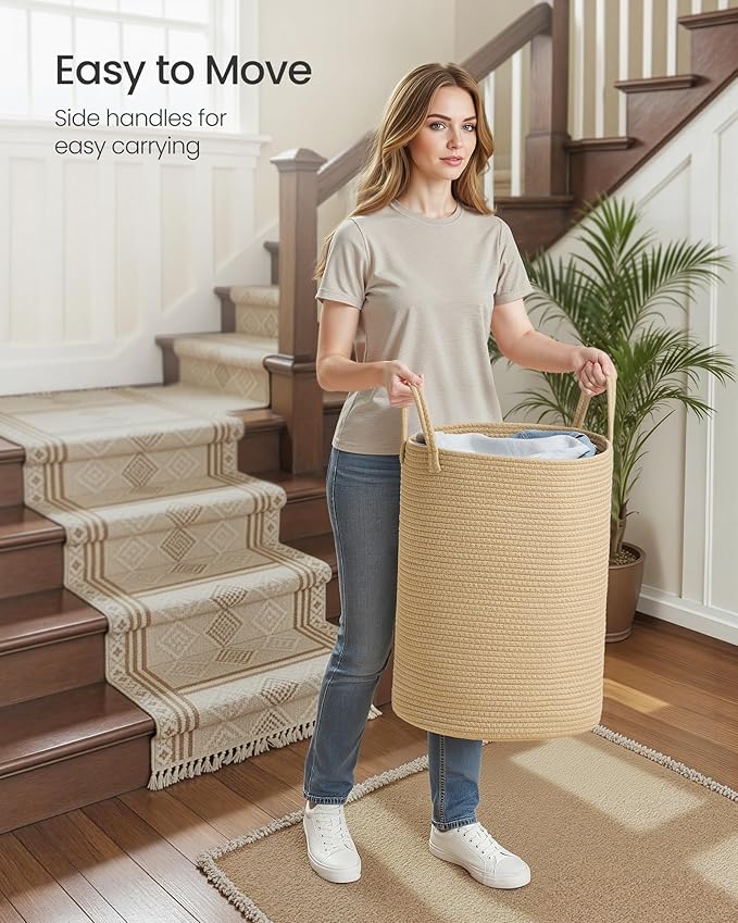 SONGMICS Laundry Hamper, Cotton Rope Laundry Basket with Handles, for Children, Toys, Clothing, Living Room, Bedroom, 15.8 Gallons, 13.8 x 13.8 x 19.7 Inches, Yellowish Brown URLH061KZ01