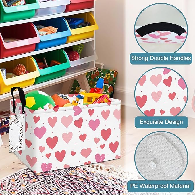 FANKANG Storage Bins,Nursery Hamper Canvas Laundry Basket Foldable with Waterproof PE Coating Storage Baskets for Boys and Girls, Office, Bedroom, Clothes,Toys(Rec-Colorful hearts ）