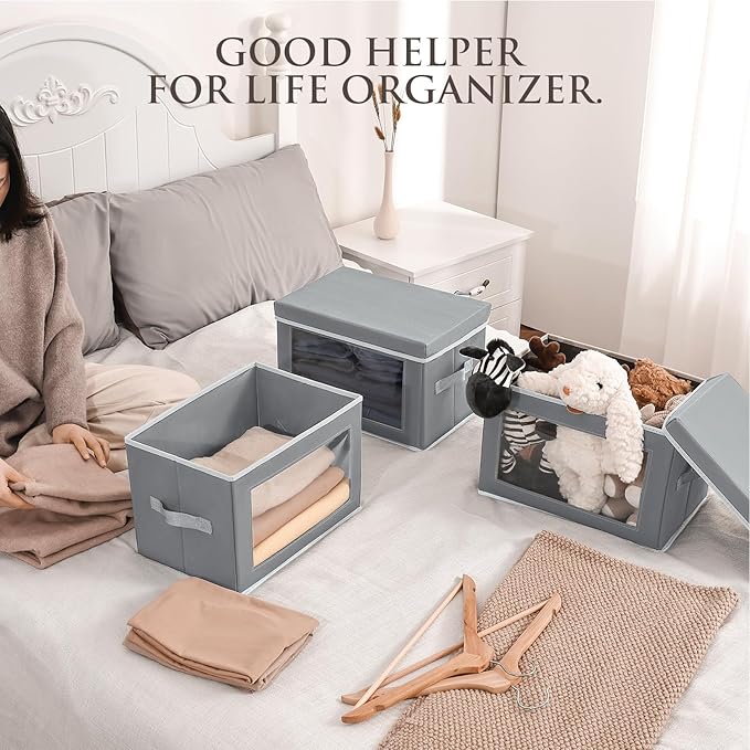Stackable Storage Bins with Lids - Medium Storage Box with Lids, Foldable Closet Boxes for Organizing, Wardrobe Clothes Organizer with Window, Cubes Bins for Living Room, 5 Pack, Grey