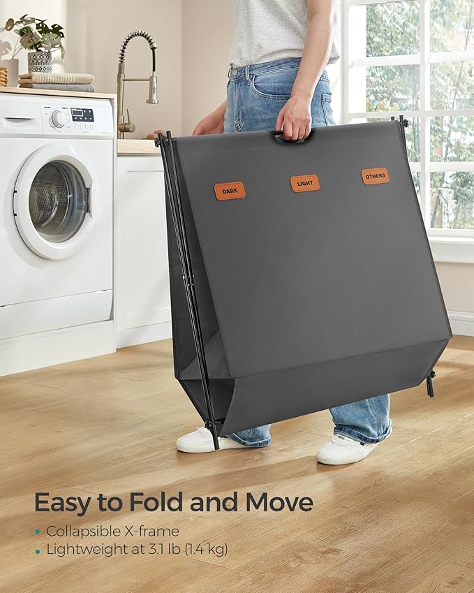SONGMICS Laundry Hamper, Laundry Basket, 35.7 Gal. Laundry Sorter 3 Sections, Collapsible X-Frame, Clothes Organizer with Customizable Labels, Laundry Room, Bedroom, Bathroom, Slate Gray ULCB130G01
