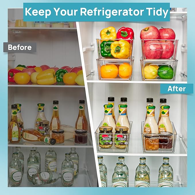 Vtopmart 4pcs Clear Organizers and Storage Bins with Lids, Stackable Plastic Storage Containers with Handles for Fridge, Freezer, Pantry, Cabinet, Kitchen Organization