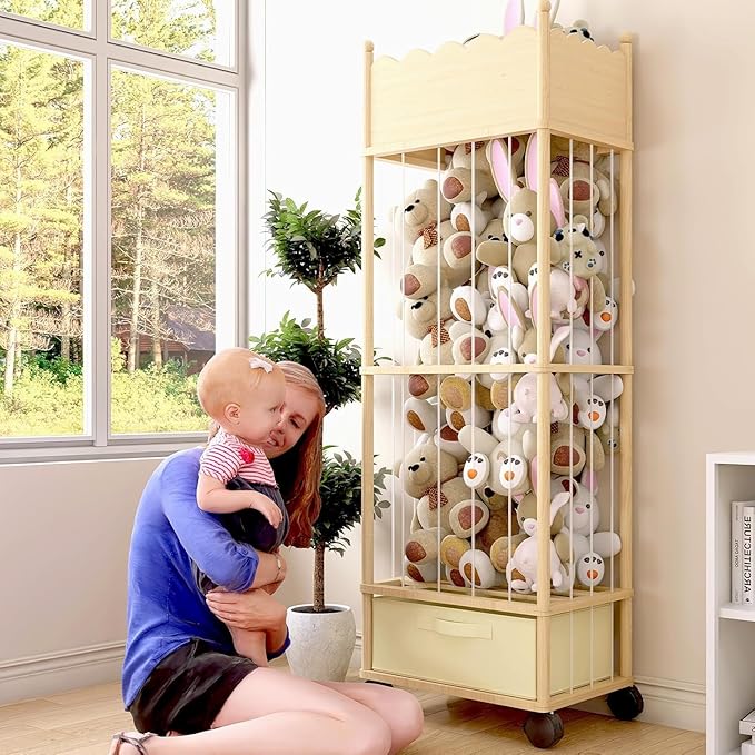 Wooden Stuffed Animal Storage Organizer with Wheels & Drawer – 3-Tier Plush Toy Zoo Holder for Kids Room, Nursery & Playroom – Safe Solid Wood, Elastic Rope Design, Smooth Wave Edge