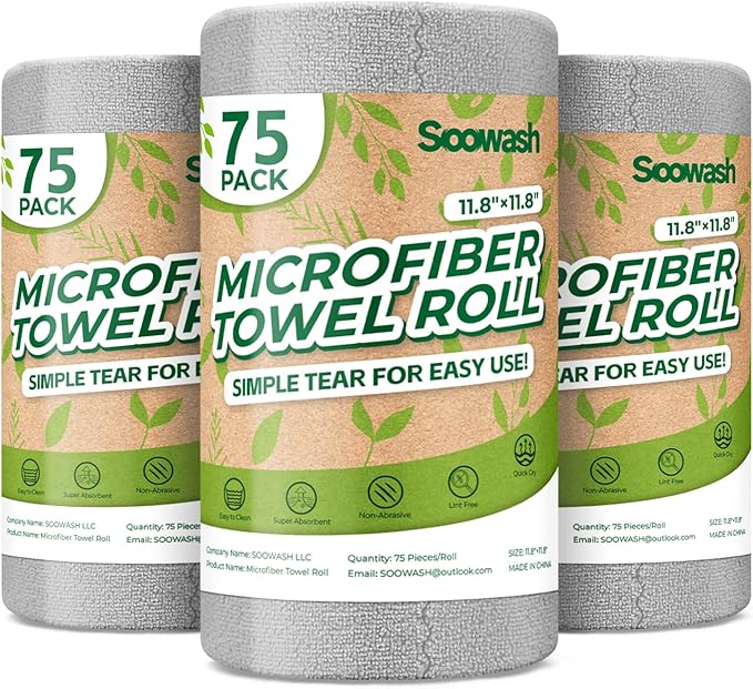 Microfiber Cleaning Cloths Roll, 225 Pack Tear Away Microfiber Towels Roll, 12" x 12" Lint Free Rags, Reusable Cleaning Cloths, Washable, Scratch Free,Ultra Absorbent Dish Rags(Grey)