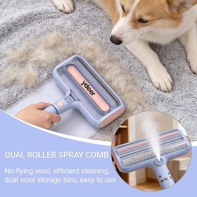 Ydeer Pet Hair Removal Tool with Water Spray & Large Fur Bin, Dual Roller Reusable Lint Remover for Couch, Carpet, Clothes and Car Seats