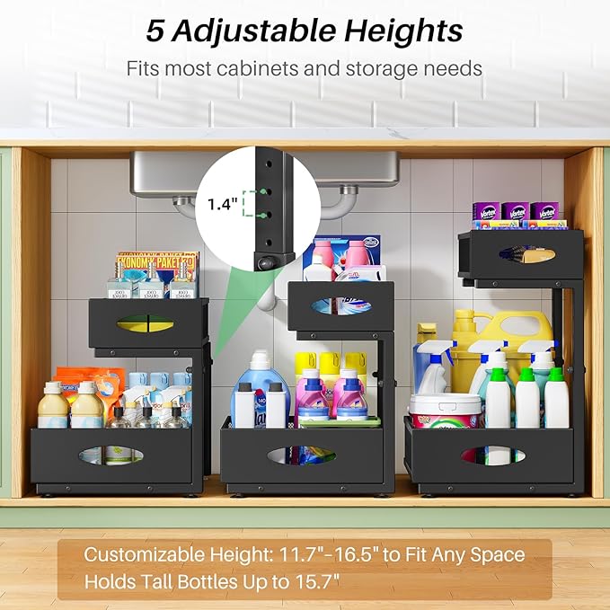 Under Sink Organizer, 2-Pack Pull Out Cabinet Organizer 2 Tier Metal Slide Out Storage Shelf Rack, L-Shaped Adjustable Height,Mesh Sliding Drawer for Kitchen, Bathroom, Laundry, Pantry, Black, XL