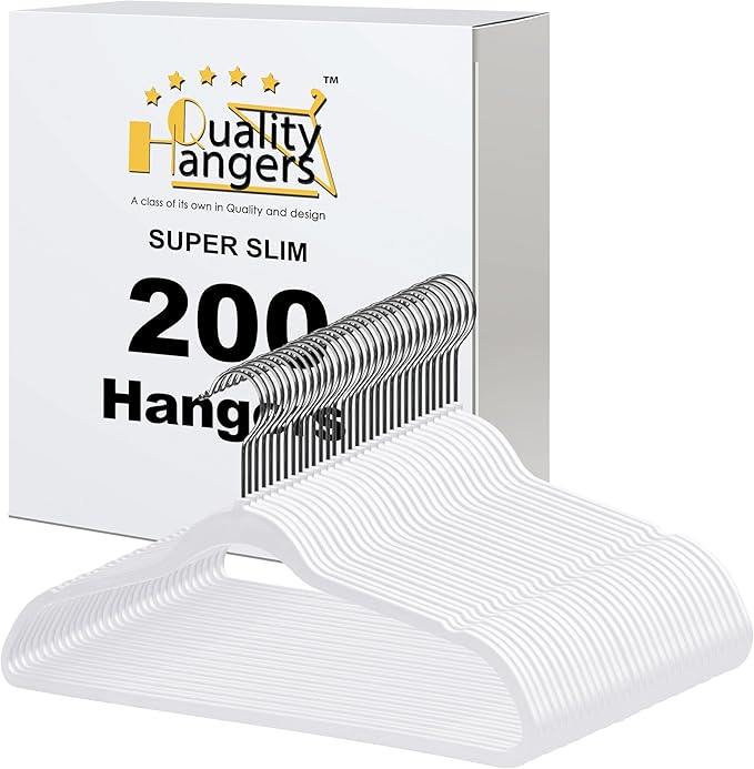Quality Hangers 200 Pack Slim Plastic Hangers for Clothes - 16.5" Won't Crease Your Clothes, Heavy Duty Non-Velvet White Hangers, 360° Swivel Chrome Hook Dresses Coats Shirts