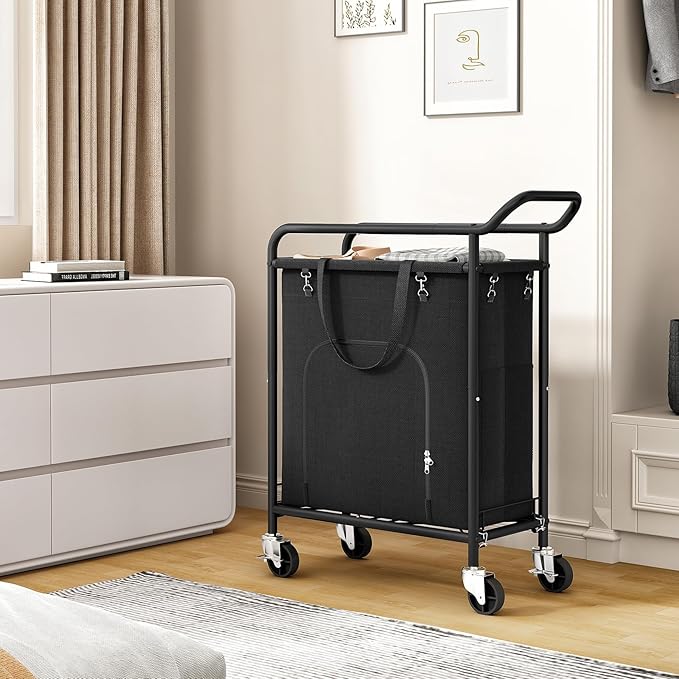 Laundry Basket with Wheels,114L Large Rolling Laundry Hamper, Heavy-Duty Laundry Cart Sturdy Metal Frame with Handle, Minimizes Bending Easy Access Clothing for Bedroom, Bathroom, Laundry Room (Black)