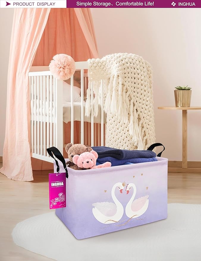 Rectangular Storage Basket Fabric Organizer Bin for Toys,Books,Clothes,Gifts,Pets-Perfect for Home,Office,Nursery,Dorm,Shelf(Rec-Love Swans )