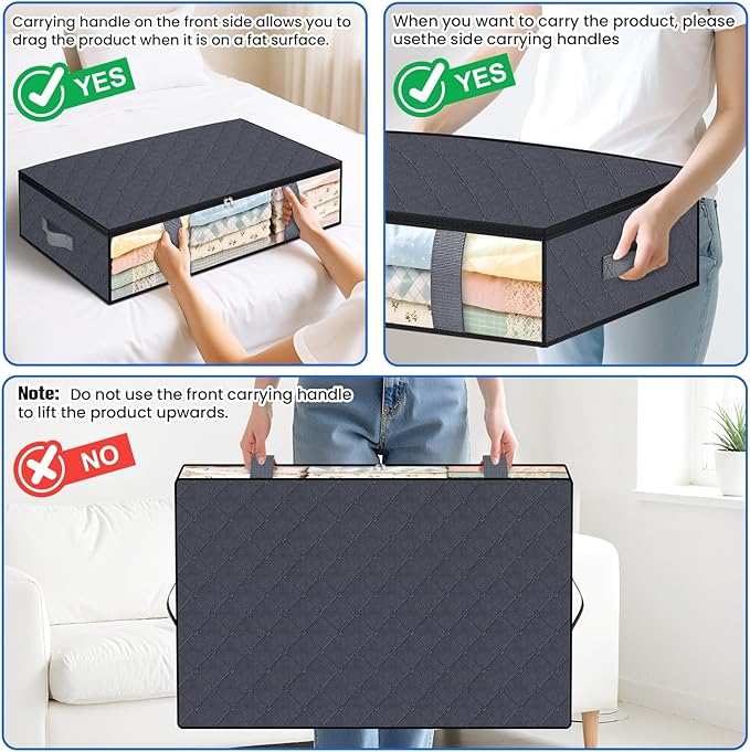 Under Bed Storage Containers, 2 Pack Blanket Storage Bags, Collapsible Storage Bags with Big Zippers, Clear Front, Shoe Storage and Organization for Clothes, Comforter, 60L, Grey