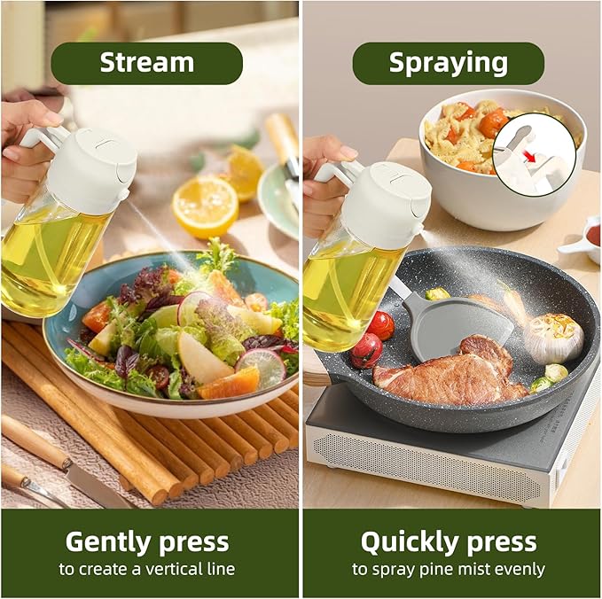 2pcs Oil Sprayer for Cooking, 16oz/470ml Oil Dispenser for Kitchen, 2 in 1 Olive Oil Dispenser Bottle for Kitchen Gadgets, Air Fryer, Salad, BBQ (Ivory, Green)