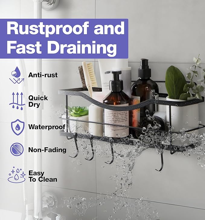 KINCMAX Premium Shower Caddy - Self Adhesive Shower Shelf with 4 Hooks - No Drill Large Capacity Stainless Steel Rack - Aesthetic Organizer for Bathroom Wall Decor - Matte Black