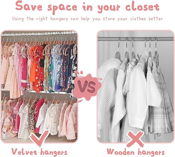 GOSCHE Kids Velvet Hangers (12.8 Inch - 50 Pack), Non-Slip Baby Clothes Hangers for Closet, Ultra Slim Space Saving Children Hanger, 360Degree Swivel-Hook, Infant/Toddler Hangers, Dark Pink