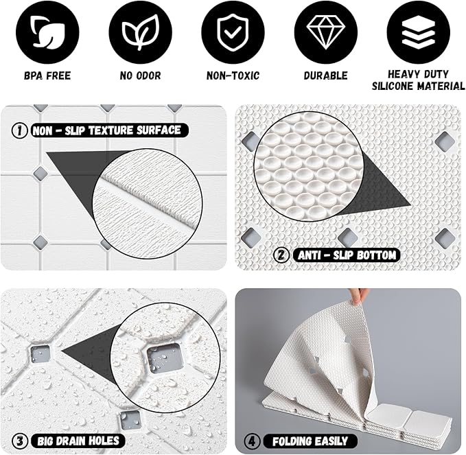 Kinbear Bath Mat for Textured Tub: Silicone Bathtub Mat Foldable Shower Mat Non Slip Tub Mat No Suction Cups 28 X 17.7Inch - White