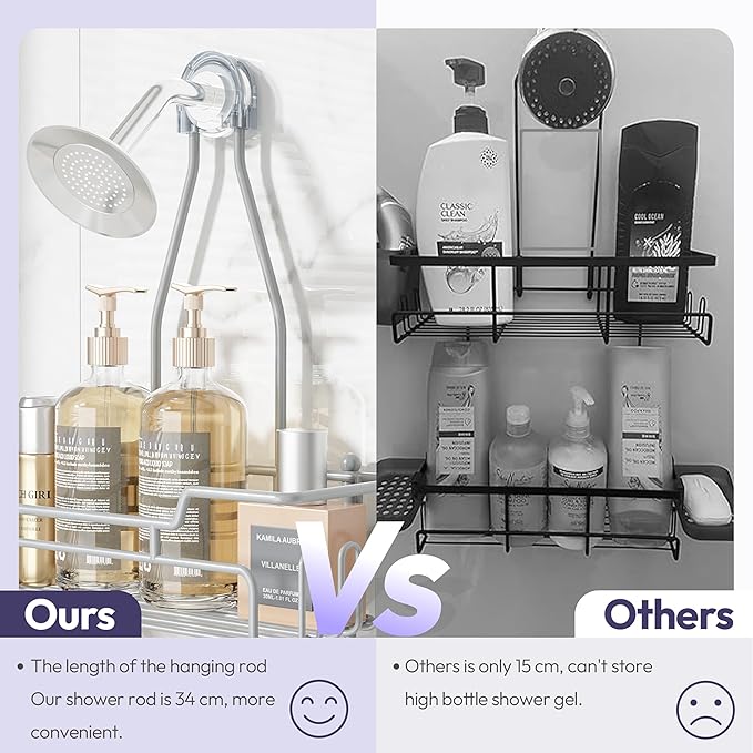 SWTYMIKI Bathroom Shower Caddy Hanging - 3 Tier Rustproof Over Shower Head Organizer, No Drilling Bathroom Shelf with 16 Hooks & Soap Holder, Anti-Swing Rack for Shampoo,Sponge,Towel, Silver, Medium