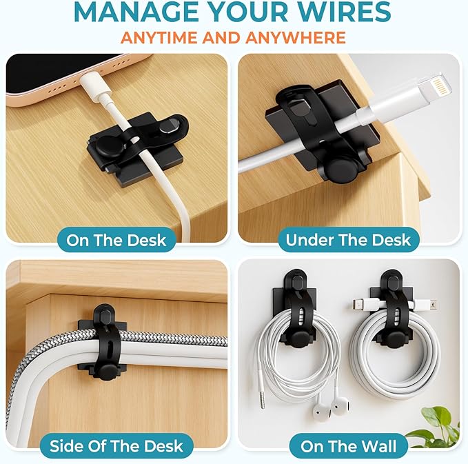 Kanemc Cable Clips Management Kit, 15 Cable Holder With Silicone Cord Ties, 15 Nylon Zip Tie, Extra 15 Screws & 8 Adjustable Cable Straps For Workspace Organizers PV Computer TV Under Desk Wire Setup