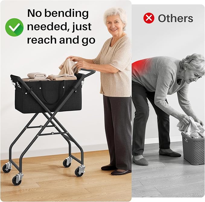 No-Bend Laundry Cart- Rolling Hamper with Locking Wheels & Handle, Foldable Basket Screw-Free Assembly, Durable Metal Frame & Removable Liner Bag for Bedroom & Bathroom (Black)