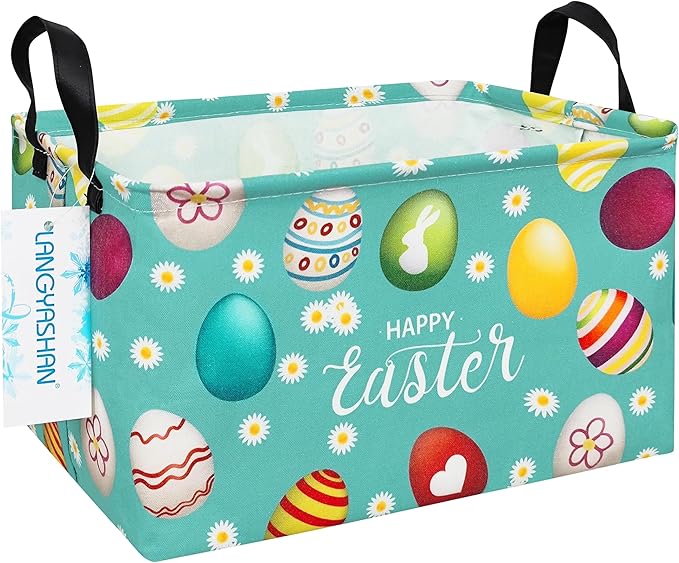 LANGYASHAN Rectangular Storage Bin Collapse Canvas Fabric Cartoon Storage Basket with Handles for Organizing Home Kitchen Boys and Girls Toys Office Closet Shelf Baskets (Rec Daisy Easter Egg)
