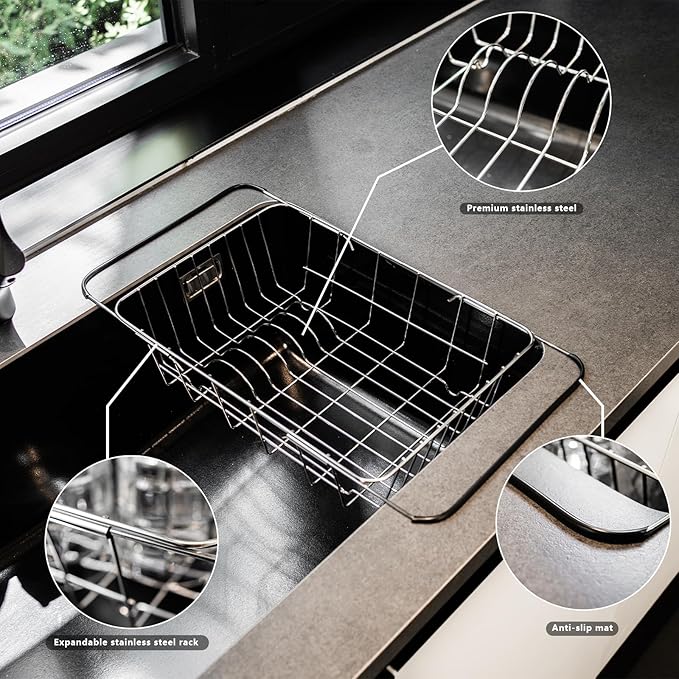 Expandable Dish Drying Rack in Sink or Over The Sink - 18/8 Stainless Steel Dish Rack/Drainer/Strainer/Dishrack for Kitchen Counter or RV - Adjustable, Deep and Large, Rustproof, Black