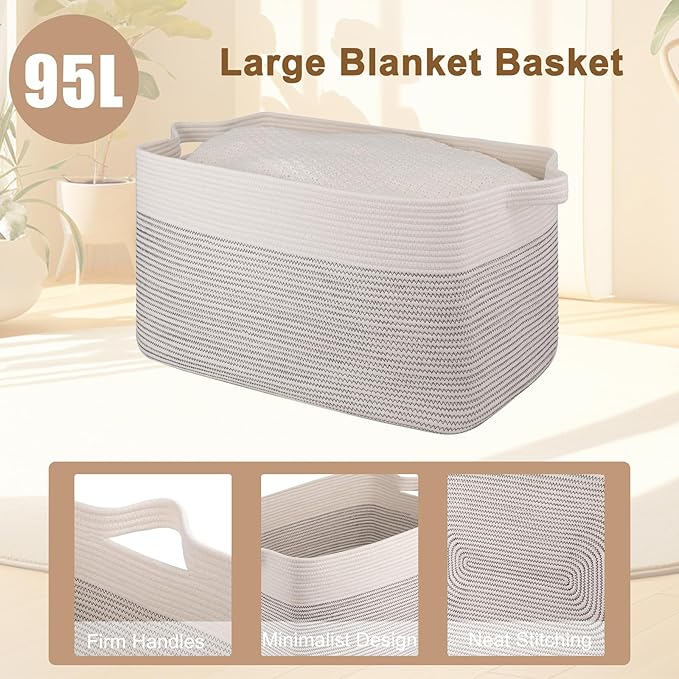 OIAHOMY Extra Large Blanket Basket, 95L Woven Storage Basket, Cotton Rope Toy Bin for Baby Room, Container for Storage in Living Room, 24''×17''×14'', Black & White