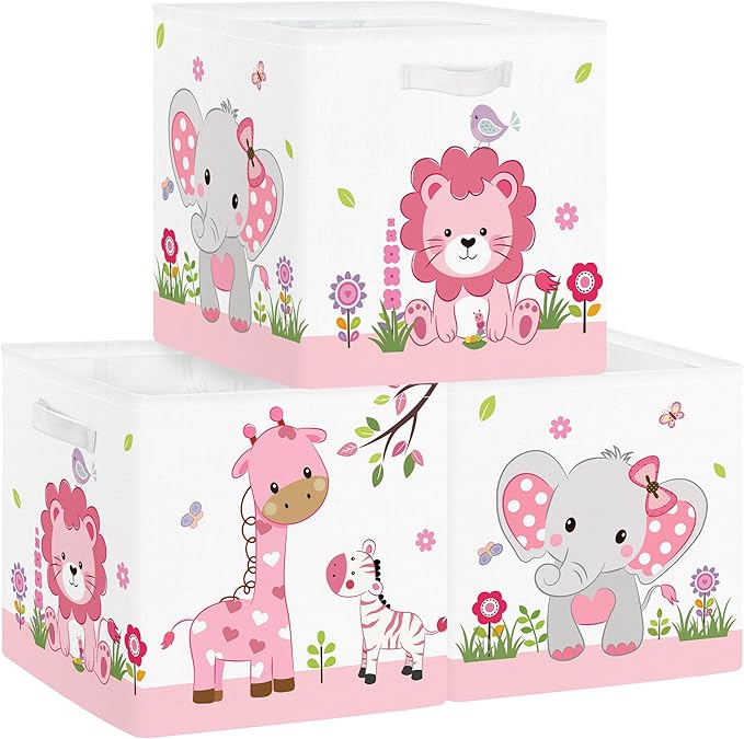 Clastyle Jungle Animal Kids Storage Cube Organizer Set Tree Closet Clothes Cube Storage Bin Nursery Toddler Toy Box Chest Boys Girls Book Shelf Basket,Pink,11.8x11.8x11.8 in