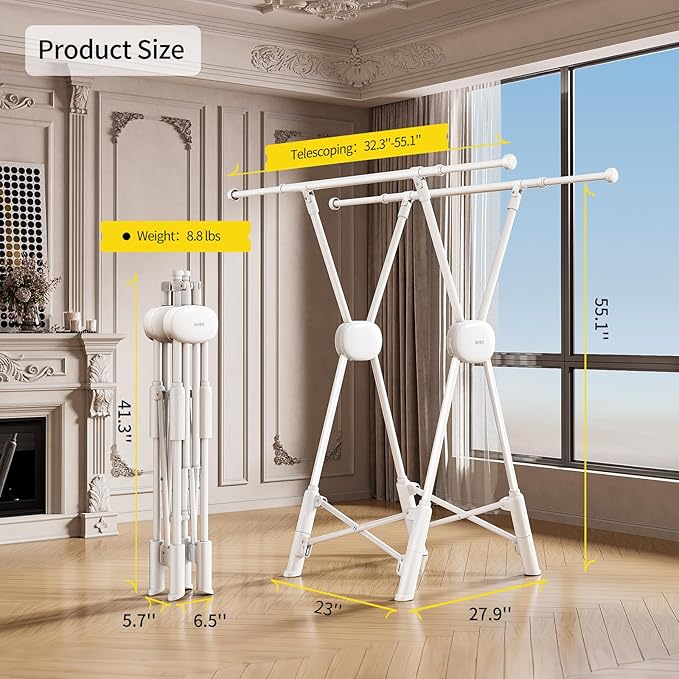 BIREN Clothes Drying Rack Heavy Duty Clothing Racks Foldable Laundry Rack Two Drying Modes Garment Racks for Drying Clothes, Adjustable Length from 32-55 Inches for Indoor Outdoor Use