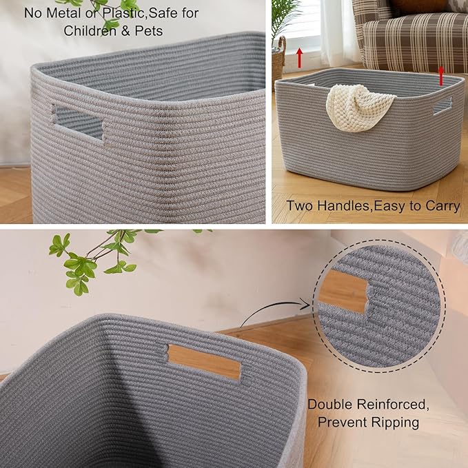 OIAHOMY 118L XXXLarge Cotton Rope Storage Basket, Oversized Blanket Basket, Used for Organizing Dirty Clothes in Living Room, Bedroom, Nursery, Dog Toy Storage Bins, 25" x 17" x 16",Grey
