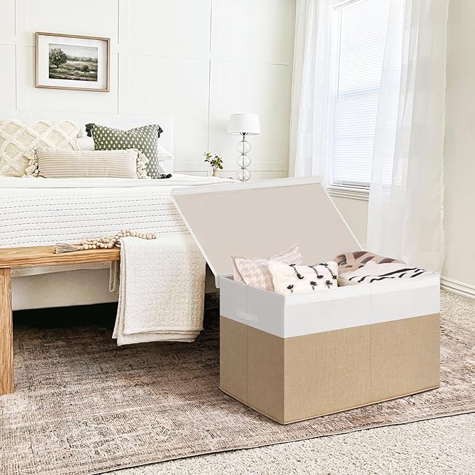 INDRESSME 26"x17"x17" Large Toy Box, Toy Storage Organizer Collapsible Storage Bins with Lids Toy Chest for Nursery, Playroom, Living Room, Toy Baskets Storage Kids, Boys Girls (Beige & White)