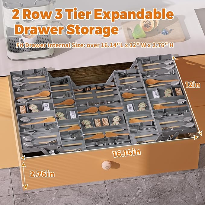 3 Tier Drawer Organizer - Expandable Junk Drawer Organizer Smart Office Supply Organizer, Folding Kitchen Drawer Storage Multi Level Desk Organizer for Makeup, Jewelry, Cosmetics Storage(2 Row 3 Tier)