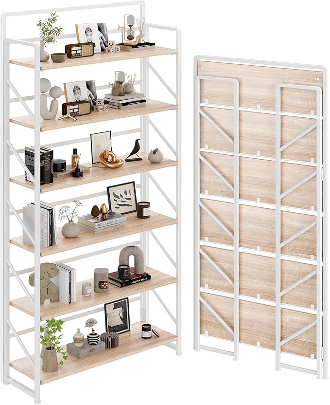 JSB Folding Bookshelf,Industrial Storage Shelves, No Assembly Vintage Wood Look Bookshelf with Storage Shelves for Living Room, Bedroom, Office (White, Wide 6-Tier)