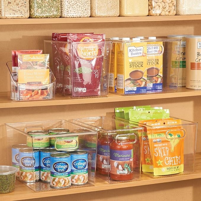 mDesign Plastic Modern Kitchen, Pantry Food Storage Container Bin w/ Handles - Cabinet, Fridge/Freezer, Countertop Organizer - Snacks/Drink/Appliances; Ligne Collection, Clear, 10x10x7.75 (Pack of 1)