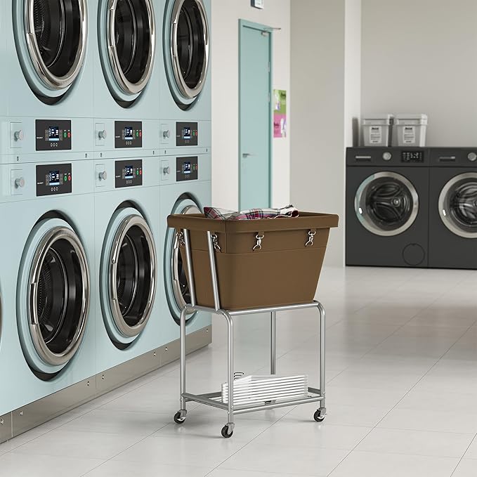 ELYKEN Laundry Cart with Wheels, Rolling Laundry Hamper with Removable Bag and Shelf, Metal Frame Laundry Basket with 4 Casters and 2 Brakes, Ideal for Bedroom, Bathroom, Laundry Room, Camel Brown