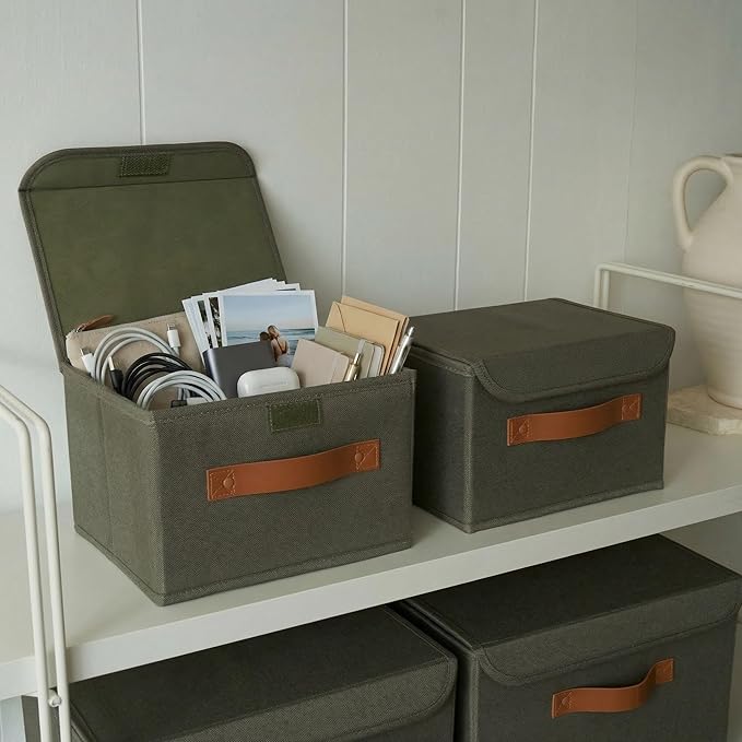 Decorative Linen Storage Boxes with Lids - Spacious Set of 2 Organizer Bins for Your Home Decor - The Perfect Small Container to Safely Store Photos, Documents and Memory Box Keepsakes in Style