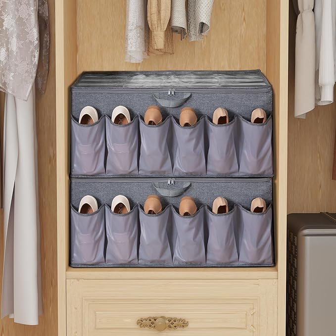 Shoe Organizer for Closet, Shoe Storage Solution with Clear Cover & Adjustable Dividers, Fabric Shoe Box Fits 16 +12 Pairs Shoes, Grey, 2-Pack