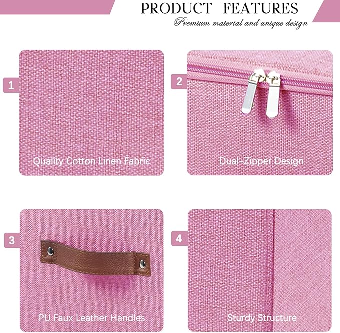 Storage Bins with Zipper Lid Foldable Fabric Lidded Storage Boxes Baskets Cubes Washable Collapsible PU Leather Handle Cotton Linen Shelves Closet Organizer Container(Pink, Small Size)