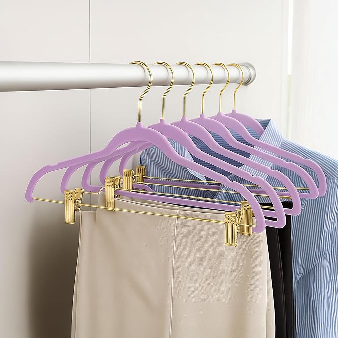 Simplify 6 Pack Velvet Hangers with Clips | Skirt and Pants | Slim Space Saving | Closet Organization | Non-Slip | Prevent Creases | Swivel Neck | Durable | Lavender