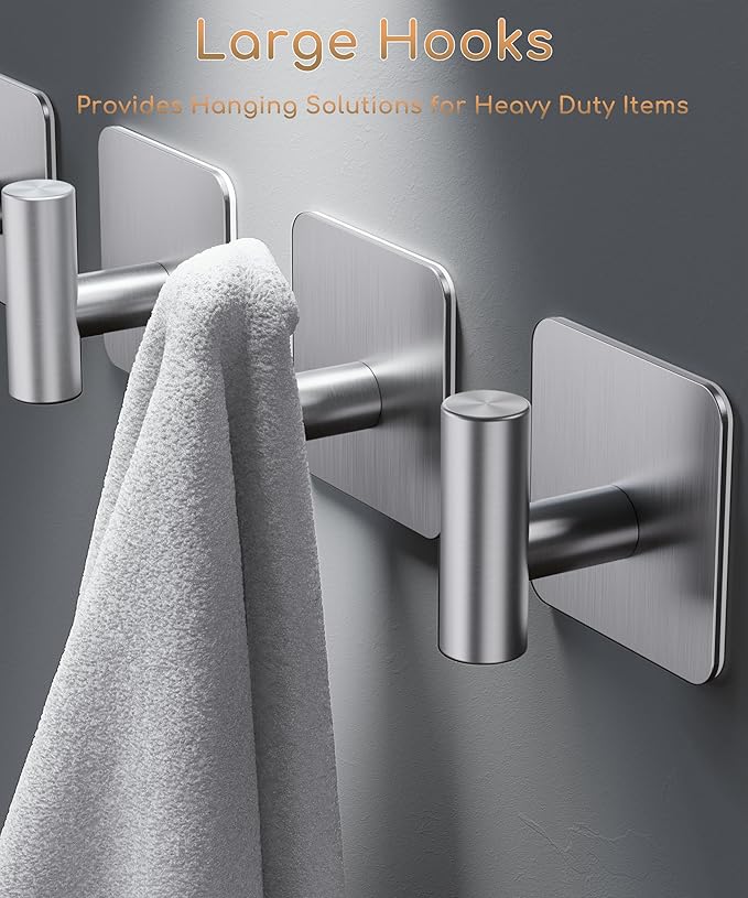 4 Pack Large Heavy Duty Wall Hooks - 26lb Max, Stainless Steel Adhesive Towel Hook, Shower Hooks for Hanging Towel, Coat, Robe, Wall Hook for Use in Bathroom, Kitchen and Door